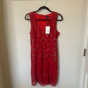 Bardot Red Embroidered Mesh Scallop Cocktail Dress NWT